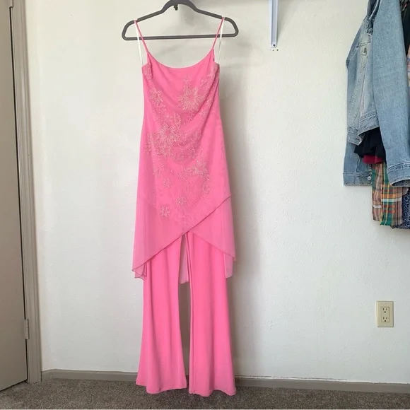 Y2K 2000s Jumpsuit Candy Pink Beaded Layered One Piece Vintage Dead stock ABBA - Picture 5 of 6